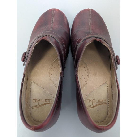 Dansko Burgundy Leather Clogs Mary Jane Button Wedge Slip On Shoes Women 36 - Picture 10 of 12